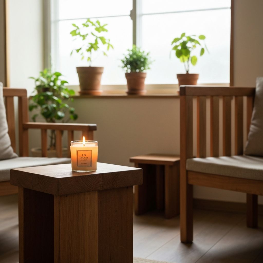 Behagliche Raumszene mit Kerze, Pflanzen und natürlichem Licht