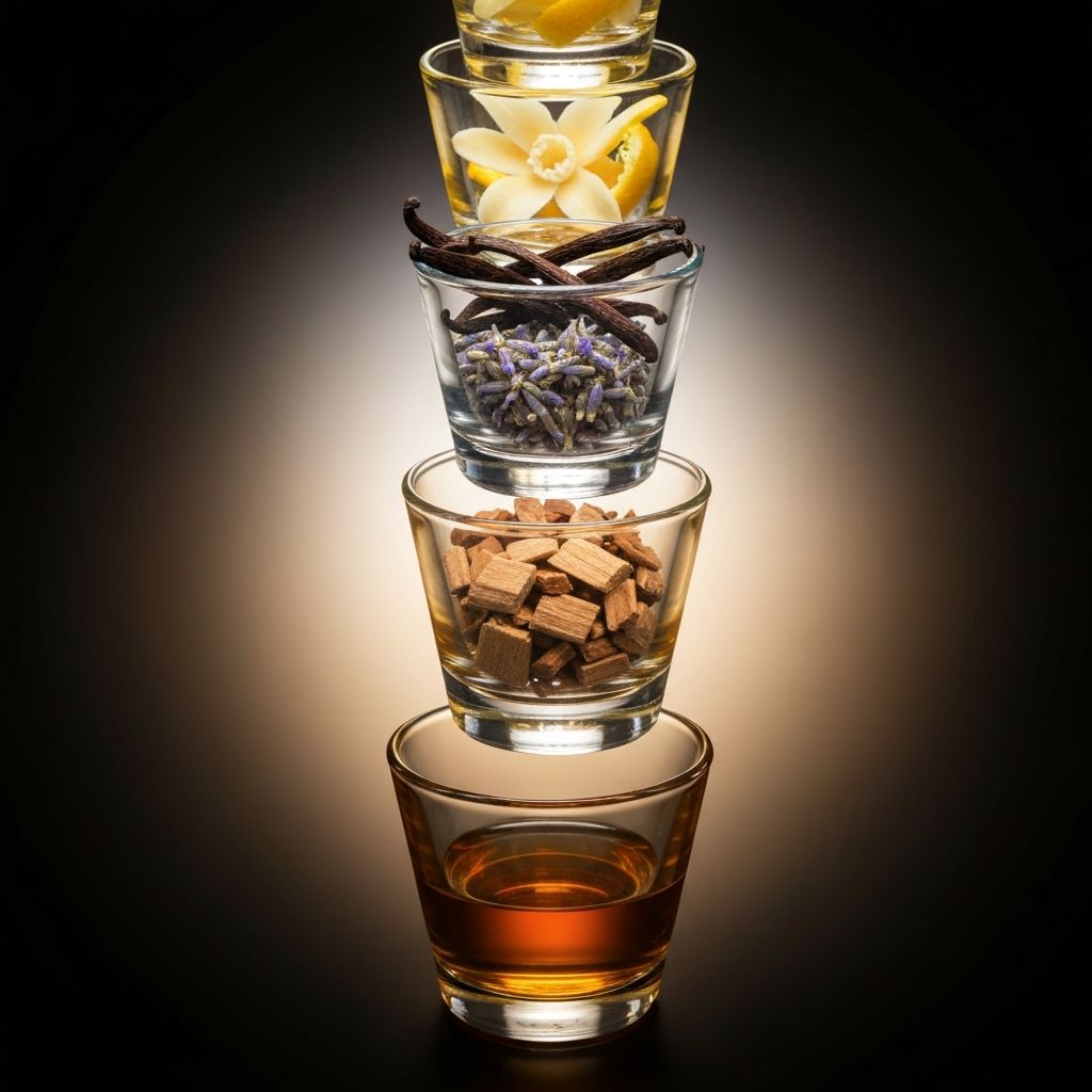 Duftkomposition mit verschiedenen Noten in Gläsern nebeneinander